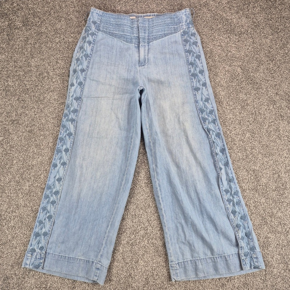 Pilcro Anthropologie Wide Leg Pants Womens 27 Blue Embroidered Denim Crop Boho